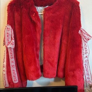 Shrimps Red Faux Fur Teddy Jacket with Ribbon Accents